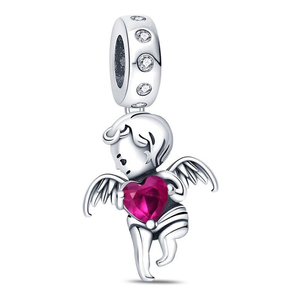 Sterling Silver Angel Charm Pendant with Pink Heart